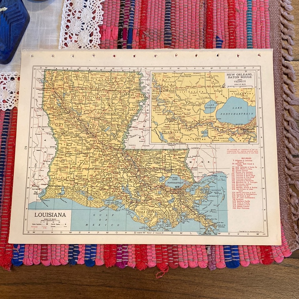 1949 Louisiana/Maine Map Ready to Frame 9 1/4” x 12 1/4” with Railroad L…